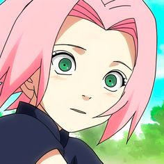 a girl with pink hair and green eyes looks at the camera while standing in front of trees