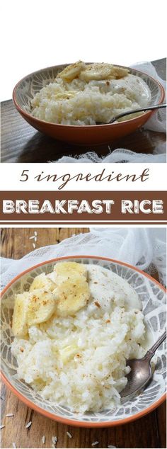 three different pictures of rice and bananas in a bowl with the words 5 ingredients for breakfast rice