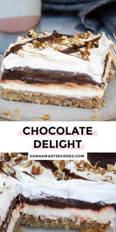 chocolate delight layered dessert with whipped cream and walnuts