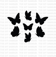 six silhouettes of butterflies in the shape of a circle on a white background with black lettering