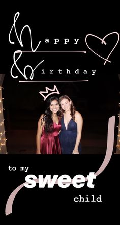 two girls are standing together in front of a birthday card