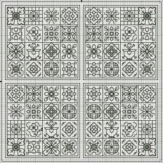 four squares that have been drawn in black and white, each with different designs on them