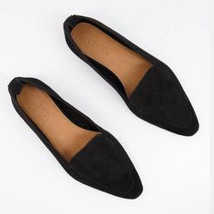 Suede Pointed Toe Slip-ons For Work, Fall Workwear Pointed Toe Suede Flats, Suede Ballet Flats For Fall Workwear, Elegant Black Everyday Loafers, Fall Workwear Suede Ballet Flats, Everyday Pointed Toe Loafers For Spring, Spring Everyday Loafers With Pointed Toe, Black Suede Pointed Toe Loafers, Black Pointed Toe Suede Loafers