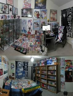 two pictures show the inside of a comic store