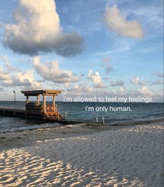 a lifeguard station on the beach with an ocean in the background that says i'm allowed to feel my feelings, i'm only human