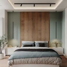 a large bed sitting in a bedroom next to a tall wooden headboard and window