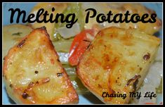 some food is sitting on a plate with the words melting potatoes