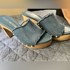 New In Box, Stuart Weitzman Blue Denim And Pearl Clog Sandals Size 40.5. Gorgeous, Did Not Fit Me. They Also Come With Pearl Replacements. Blue Mules With Wooden Heel For Spring, Blue Denim Sandals With Removable Insole, Casual Blue Platform Clogs, Casual Blue Open Heel Clogs, Blue Spring Mules With Wooden Heel, Comfortable Blue Slip-resistant Clogs, Luxury Blue Mules With Padded Heel, Blue Textured Footbed Slip-on Sandals, Blue Suede Slip-on Clogs