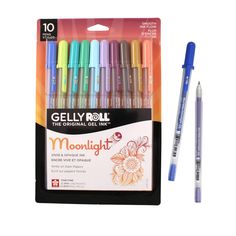 a pack of six gelly pens with the package next to it and two markers