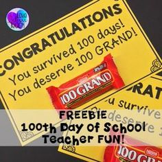 two coupons for freebie's 100th day of school teacher fun, with the text congratulations you survived 100 days