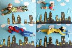 four pictures of children laying on the ground in front of city skylines and buildings