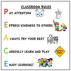 a classroom rules poster with different types of children's names and pictures on it