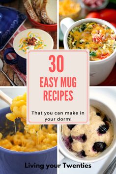 the words 30 easy mung recipes that you can make in your dorm are shown