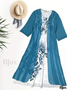 Bjux - Womens Floral Print Dress with Open Front Outwear Set - Casual Two-Piece Ensemble Blue Sets For Spring Daywear, Fall Care, Casual Sets, Floral Print Dress, Spring And Fall, Front Open, Print Dress, Floral Print, Two Piece