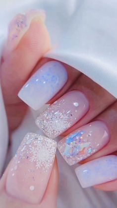 Short acrylic nails with cute designs - perfect for expressing your style! 💅 #NailInspo #AcrylicManicure #ShortNails Christmas Nails Trendy 2024, Nye Sparkle Nails, Pastel Christmas Nails Short, Crystals Nails Design, Frosted Nail Designs, Short Nail Overlay Ideas, Light Christmas Nails, January Nails Ideas Simple Classy, Cute Winter Nails Short