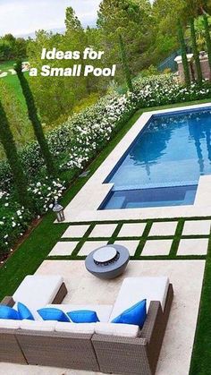 an outdoor living area with a pool and patio furniture