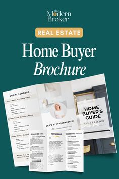 the real estate home buyer brochure is shown in front of a green background