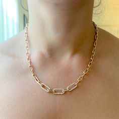 "This Italian handcrafted chain link necklace is completely composed of 14K solid gold and is uniquely made with a semi-hollow interior for comfortable everyday wear that will not dent . The chain is centered with three slightly larger links which are pavé set on both sides with genuine GVs1 quality natural real Diamonds. NOTE: This item is available in longer or shorter length options. Kindly send us a \"Custom Order\" request for pricing and details. ♦ Total Length: available in your choice of Rose Gold Oval Link Chain Necklace, Rose Gold Chain Necklace As Gift, Everyday Oval Necklace With Chunky Chain, Oval Chunky Chain Jewelry For Gift, Oval Chunky Chain Jewelry Gift, Gold Oval Pendant Chain Necklace With Paperclip Chain, Link Modern, Italian Chain, Cartier Necklace