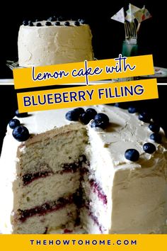 a lemon cake with blueberry filling is cut in half