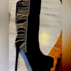 Nwt Shoe Dazzle Over The Knee High Heeled Boots With Gold Rhinestone Fringe! Never Worn Has All Original Packaging. Size 10 ! Mint Condition! Elegant Boots With Rhinestone Fringe And Round Toe, Trendy Rhinestone Boots For Night Out, Black Rhinestone Boots With Round Toe, Black Rhinestone Round Toe Boots, Fall Rhinestone Fringe Boots For Night Out, Fall Night Out Boots With Rhinestone Fringe, Black Embellished Boots For Night Out, Rhinestone Fringe Boots For Night Out With Round Toe, Party Boots With Rhinestone Fringe And Round Toe