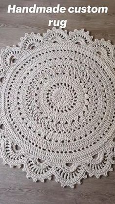 a crocheted doily is shown with the words handmade custom rug on it