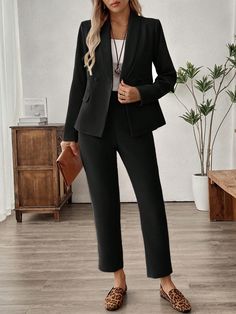 2pcs Women's Fitted Waist Button Decorated Set Black Elegant    Plain  Slight Stretch  Women Clothing, size features are:Bust: ,Length: ,Sleeve Length: Womens Business Attire, Womens Business, Black Formal, Interview Outfit, Formal Business, Black Fleece, Business Attire, Inspiration Mode, Work Attire