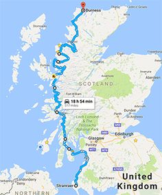 a map showing the route for united kingdom and northern england, with locations marked in blue