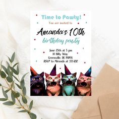 a birthday party card with three cats on it