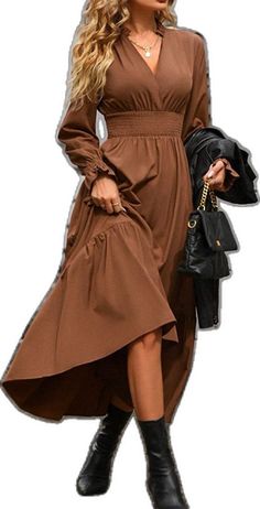 Casual Brown A-line Midi Dress, Brown V-neck Solid Color Dress, Brown V-neck Dress, Brown V-neck Solid Dress, Brown A-line Maxi Dress For Spring, Stretch Solid Color Maxi Dress For Fall, Fall Solid Color Stretch Maxi Dress, Brown V-neck Maxi Dress, Chic Brown Maxi Dress For Fall