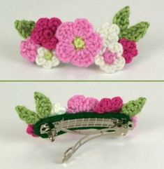 crocheted hair clips with flowers and leaves are shown in two different views, one is green and the other is pink