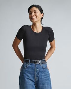 The Supima® Micro-Rib Crew Black – Everlane Fitted Short Sleeve Bodysuit For Everyday, Casual Short Sleeve Bodysuit For Everyday Wear, Fitted Everyday T-shirt, Casual Stretch Short Sleeve Bodysuit For Everyday, Casual Short Sleeve Stretch Bodysuit For Everyday, Casual Seamless Short Sleeve Bodysuit, Modern Fitted T-shirt For Everyday Wear, Modern Stretch T-shirt For Everyday, Basic Stretch Short Sleeve Top For Everyday