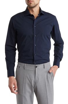 A wardrobe-staple dress shirt is tailored in a comfort fit from cotton with Lycra® stretch. Front button closure Cutaway collar Long sleeves with adjustable button cuffs 97% cotton, 3% Lycra® spandex Dry clean Imported Long Sleeve Stretch Shirt For Business Casual, Business Casual Stretch Long Sleeve Shirt, Stretch Long Sleeve Shirt For Business Casual, Stretch Long Sleeve Business Casual Shirt, Smart Slim Fit Button-up Shirt, Formal Stretch Collared Shirt, Fitted Long Sleeve Shirt With Functional Buttons, Wrinkle-resistant Long Sleeve Business Shirt, Slim Fit Long Sleeve Dress Shirt, Wrinkle-resistant