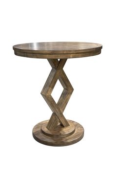 a round wooden table with an x design on the top and bottom, against a white background