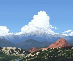 the mountains are covered with trees and clouds in this pixel art style image, there is a river running between them