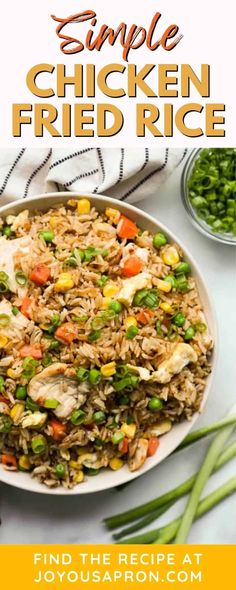 a plate full of fried rice and vegetables with the words simple chicken fried rice on it