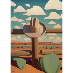 a painting of a cowboy's hat sitting on a wooden fence in the desert