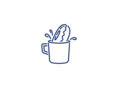 a blue line drawing of a coffee cup with spoon in it and water splashing from the top