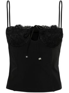 black stretch-jersey floral-lace detailing picot trim corset style sweetheart neck concealed rear hook and zip fastening spaghetti straps square open back straight hem unlined Blumarine Top, Corset Top Black, Lace Corset Top, Costume Intero, Jonathan Adler, Lace Corset, Corset Style, Exclusive Fashion