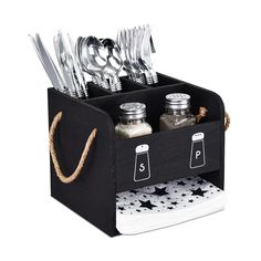 PRICES MAY VARY. SILVERWARE CADDY - Made of light weight,but sturdy wood which is completely non-toxic and safe for everyday use.Portable and easy for carry. WOOD UTENSIL HOLDER NAPKIN CADDY - Total 5 compartments : 3 Deep Slots for Silverware, Front Compartment for Free Salt/Pepper Shaker, and a Convenient Space Underneath for Napkin Holder. SILVERWARE CADDY SILVERWARE ORGANIZER- Napkin compartment with 2"H fits with size 6”x 6” napkins. Features with Rope handle Silverware Holder Size -6.87”W Wood Utensil Holder, Wooden Utensil Holder, Spoon And Fork Holder, Silverware Caddy, Salt And Pepper Holder, Flatware Holder, Silverware Organization, Wood Napkin Holder, Utensil Caddy