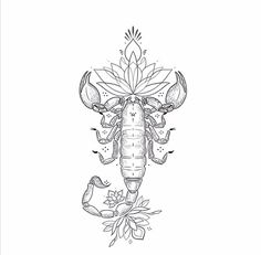 an ink drawing of a lobster on a branch with leaves and birds around it, in black and white