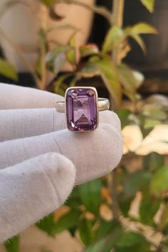 Amethyst Ring, Emerald Cut Ring, Handmade Ring, Purple Ring Gemstone Ring, In 925 Sterling Silver Ring, Solitaire Ring, Gifts For Someone ----------------------------------------------------------------------------------------------------------------------------------------------------------------------------------- Item description - Stone -Amethyst  Shape - Emerald Stone color - Purple Material - 925 Sterling Silver  Weight - 5 GM Stone Cut - Brilliant Gemstone Cut:  Ideal Gemstone Creation: Natural Gemstone Recipient - Girls, Women, Unisex adults Style - Boho & hippie Celebration - Anniversary No skin infection high quality rhodium material use in the jewelry --------------------------------------------------------------------------------------------------------------------------- ❤️ Ri Classic Amethyst Ring With Rectangular Stone For Gift, Classic Amethyst Ring With Rectangular Stone, Amethyst Rings With Rectangular Stone For Gifts, Purple Rectangular Ring Gift, Sterling Silver Emerald Cut Amethyst Ring, Purple Gemstone Ring With Rectangular Stone, Hallmarked Emerald Cut Amethyst Rings, Rectangular Sterling Silver Rings With Bezel Setting, Silver Rectangular Amethyst Ring As Gift