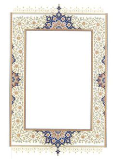 an ornate frame with blue and gold trimmings on the edges, in front of a white background