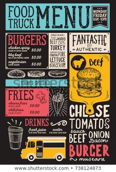 the menu for a fast food restaurant with burgers and drinks on blackboard background