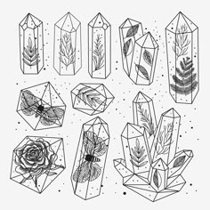 the different shapes and sizes of crystals in black and white, with an arrow pointing to them