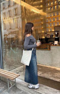 Skirt And Sambas, Long Jean Skirt Outfit, Long Jean Skirt Outfits, Jean Skirt Outfit, Jean Skirt Outfits, Long Jean Skirt, Long Denim Skirt, Instagram Worthy, Simple Trendy Outfits