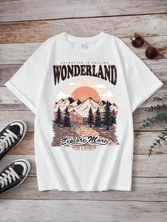 White Casual Collar Short Sleeve Knitted Fabric Graphic,Letter  Embellished Slight Stretch  Teen Girls Clothing Summer Outfits For Teens, Girls T Shirts, Cool Summer Outfits, Trendy Outfits For Teens, Shirts For Teens, Country Shirts, Tween Outfits