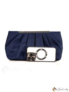 BirdinBag - Ruched Metal Accent Bag Chain Bag, Metallic Accents, Chain Bags, Composition, Navy Blue, Satin, Size Medium, Navy, Chain