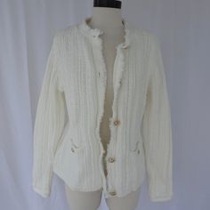 - Nwt - 2 Side Pockets - Fringed Neckline - Shoulder Pads - Cotton And Acrylic Blend - Extra Button Bundle For Discounts :) White Knit Cardigan, Gold Buttons, Shoulder Pads, Knit Cardigan, Sweaters & Cardigans, Sweaters For Women, Knitting, Women Shopping, Gold