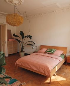 a bed sitting in a bedroom next to a plant on top of a wooden floor