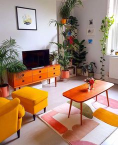 a living room filled with furniture and plants